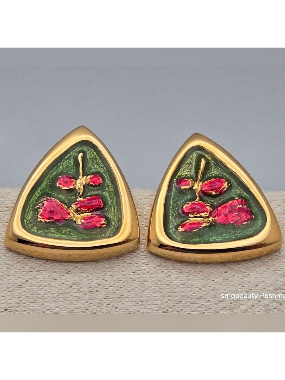 Red Roses & Green Leaves Enamel Handmade Vintage Gold-Tone Stud Earrings